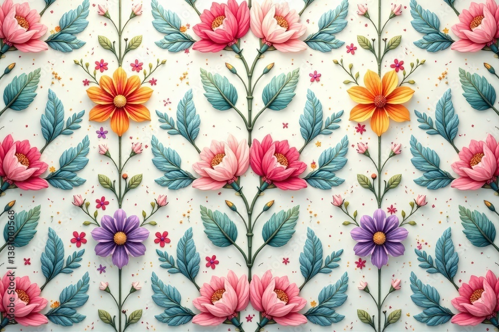 Intricate floral design, pastel hues form a continuous wallpaper texture, print, seamless, backdrop