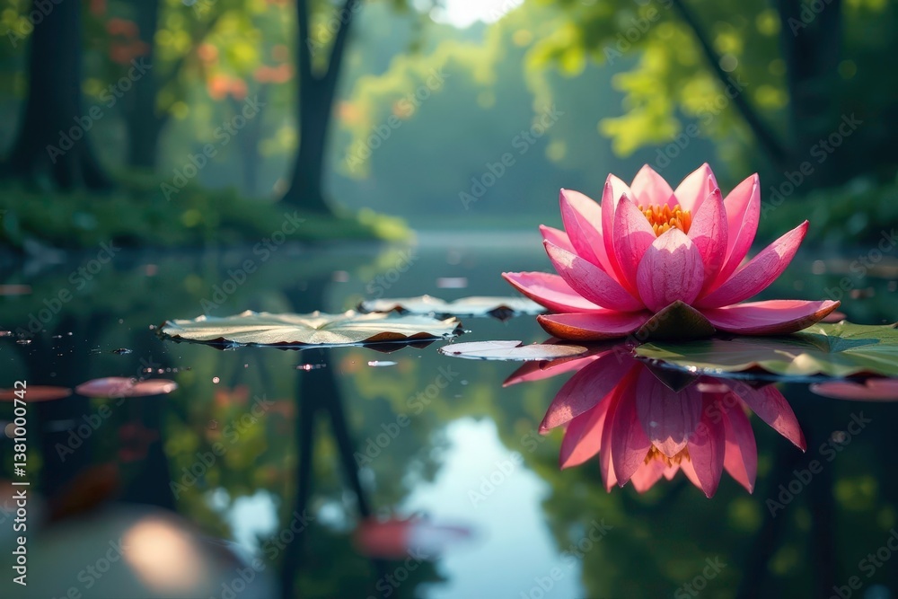 Intricate floral design reflected on calm lake surface, pattern, image, serene