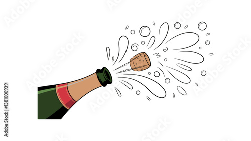 Champagne Celebration: A vibrant illustration capturing the energetic burst of a champagne bottle being opened, with the cork flying out and the effervescent bubbles spreading outwards.