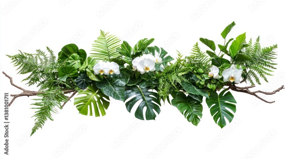 Tropical Foliage Arrangement with Orchids on Branch for Wedding Decor Tropical Foliage Arrangement with Orchids on Branch for Wedding Decor