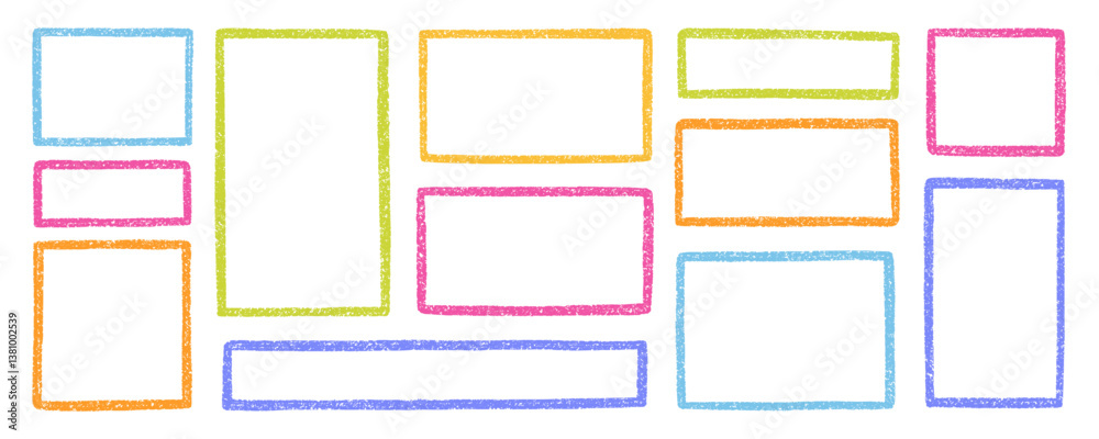 Chalk pencil frames doodle set. Crayon kids color borders in sketch style, rectangular and square shapes, grunge texture. Hand drawn vector illustration isolated on white background