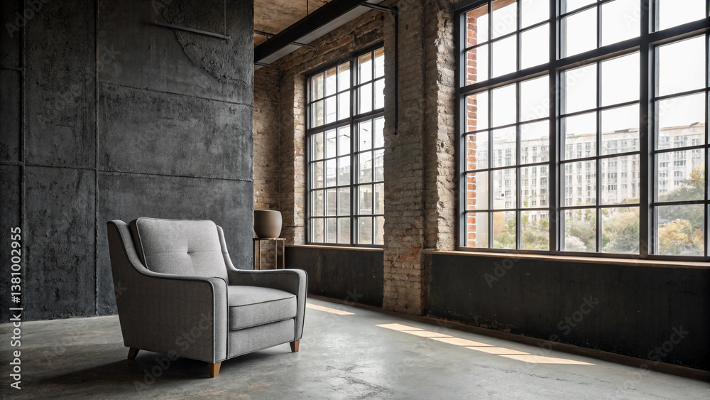 Fototapeta premium Stylish Gray Armchair in Industrial-Chic Loft Space