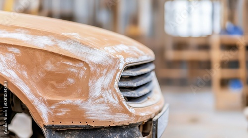Body Paint Restoration Concept, Close-Up of Car Body Being Sanded Down to Remove Imperfections in Workshop Setting