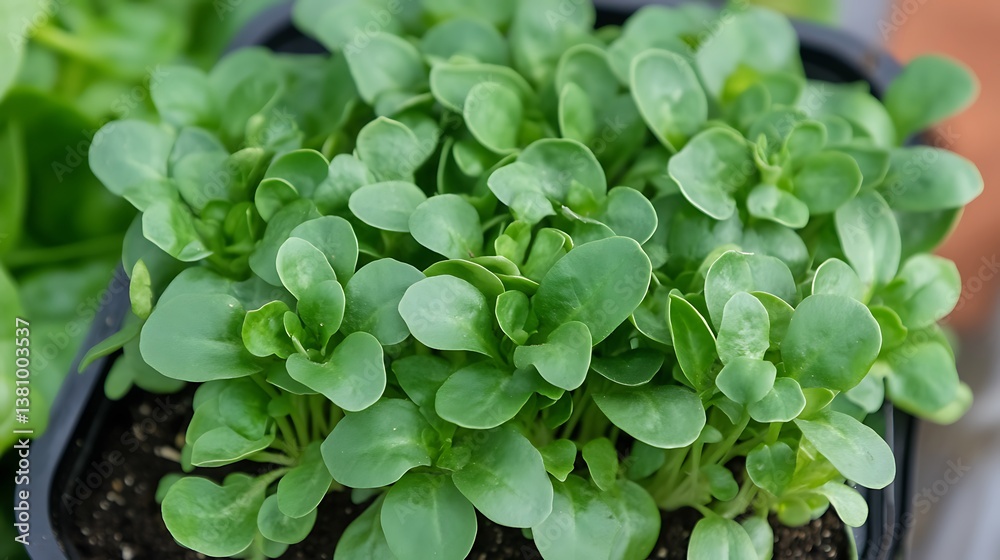 Vibrant Green Corn Salad Seedlings in a Pot Vibrant Green Corn Salad Seedlings in a Pot