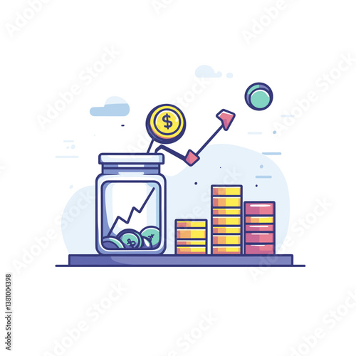 Glass Jar Filled with Growing Coins and Stacks of Gold and Red Coins