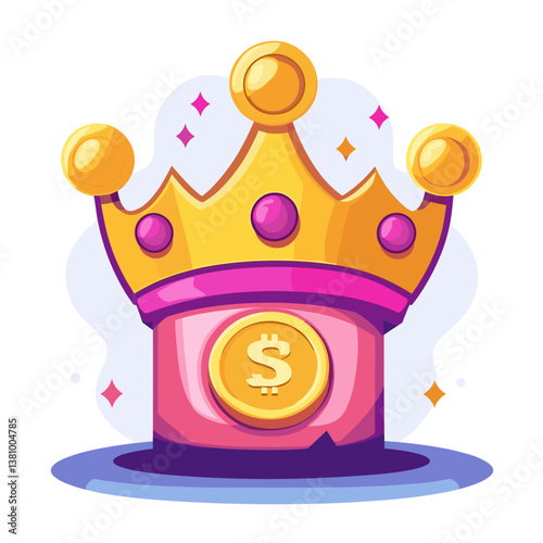 Pink Coin Stack with Gold Crown and Dollar Sign