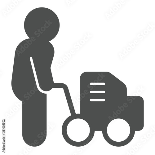 Builder man with manual asphalt roller solid icon, making road concept. Vector graphics. Man with roller, construction sign on white background, glyph style icon for mobile or web design.