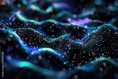 Abstract digital wave of colorful particles, flowing data visualization.
