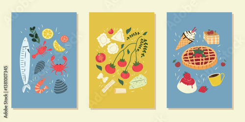 Italian cuisine. Abstract food posters, hand-drawn. Trendy prints featuring seafood, pasta, tomatoes and desserts. Vector design for wall decor, restaurant menus, and more.