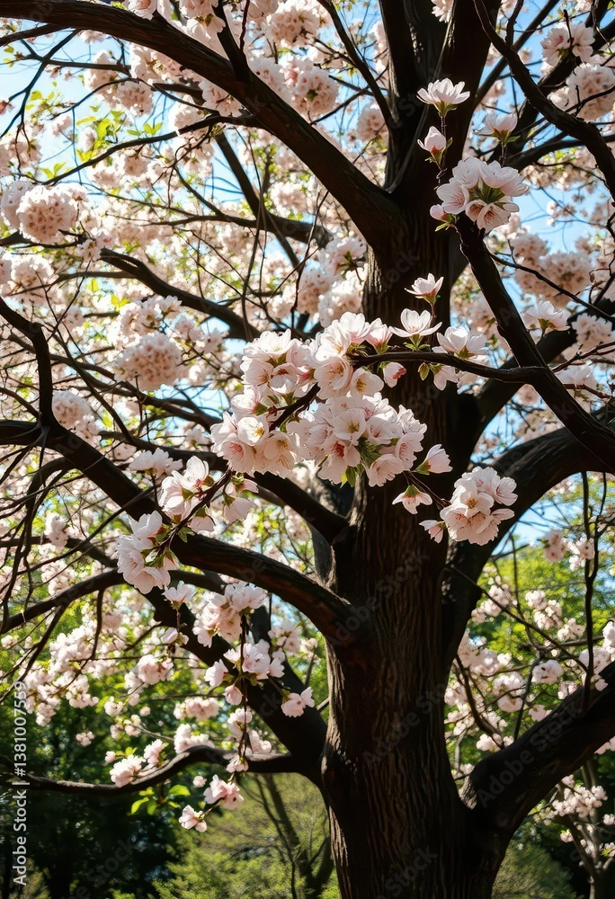 Fototapeta premium Ancient, flowering tree boughs laden with blossoms, sunlight dappled wood, plant, twig, ancient tree