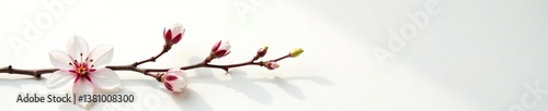 A delicate branch with leaves and flowers against a bright white surface, flower, delicate branch