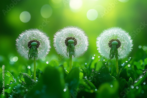 Dandelion heads with water drops on a green grass meadow, an abstract nature background. A spring or summer time concept.