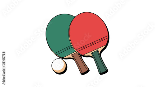 Ping Pong Duo: Two vibrant ping pong paddles rest beside a ping pong ball, this image radiates energy, anticipation, and the spirit of friendly competition. The composition is simple yet striking.