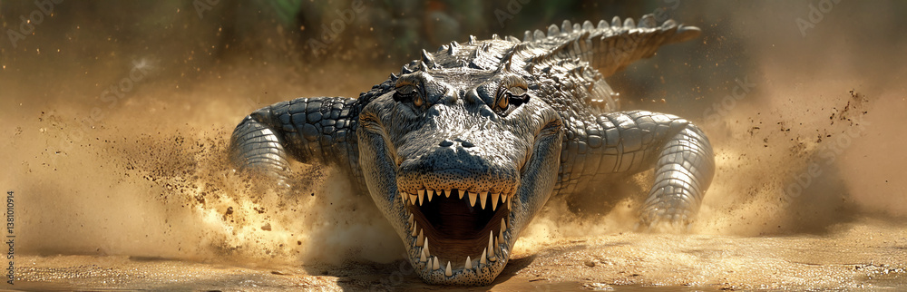 Obraz premium Stunning 3D Animation of a Crocodile Ambushing Its Prey in the Wild