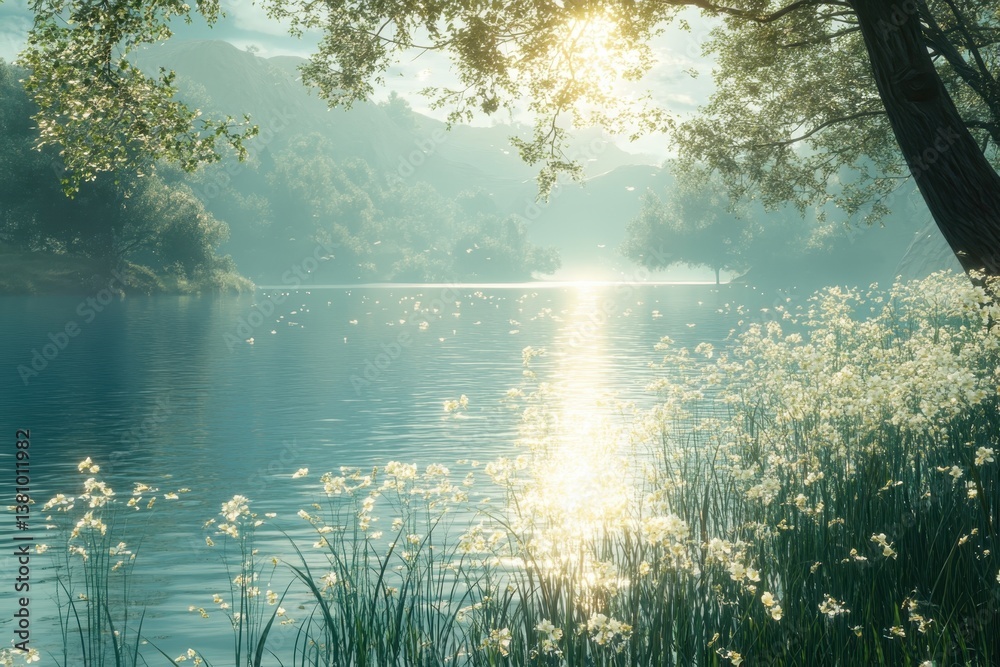 Obraz premium Serene morning light reflecting on a tranquil lake surrounded by lush greenery and flowers