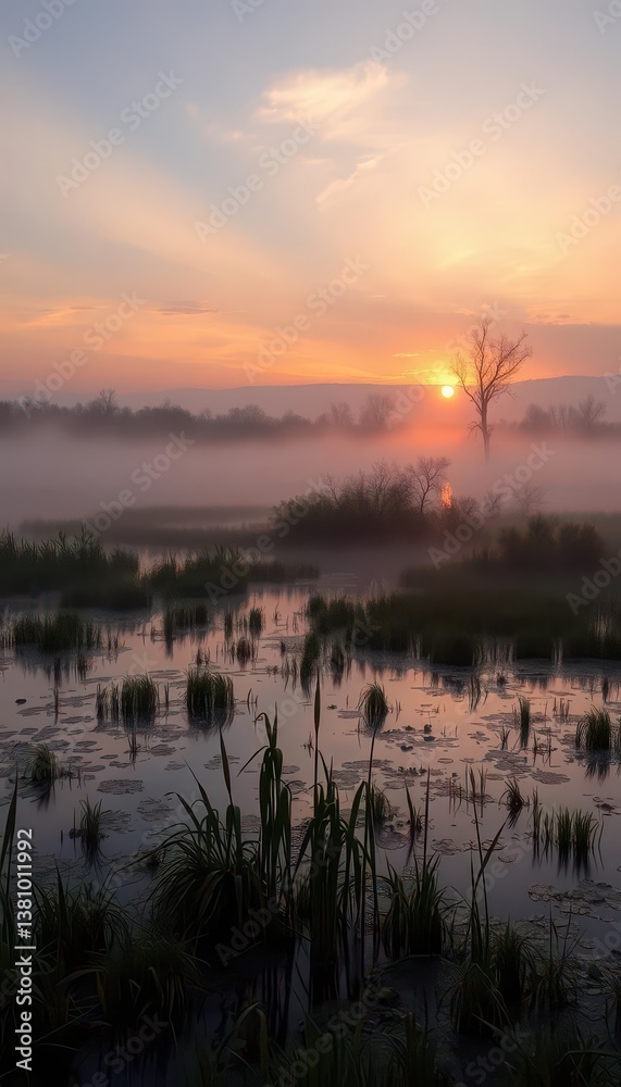 Obraz premium Misty spring swamp at sunset, tranquil water reflects sky, peaceful, fog