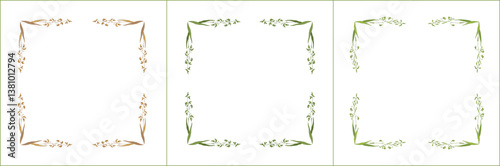 Set of three elegant green and brown ornamental frame with cereal spikelets, oat ears, grass seeds, decorative border. Isolated vector illustration.	
