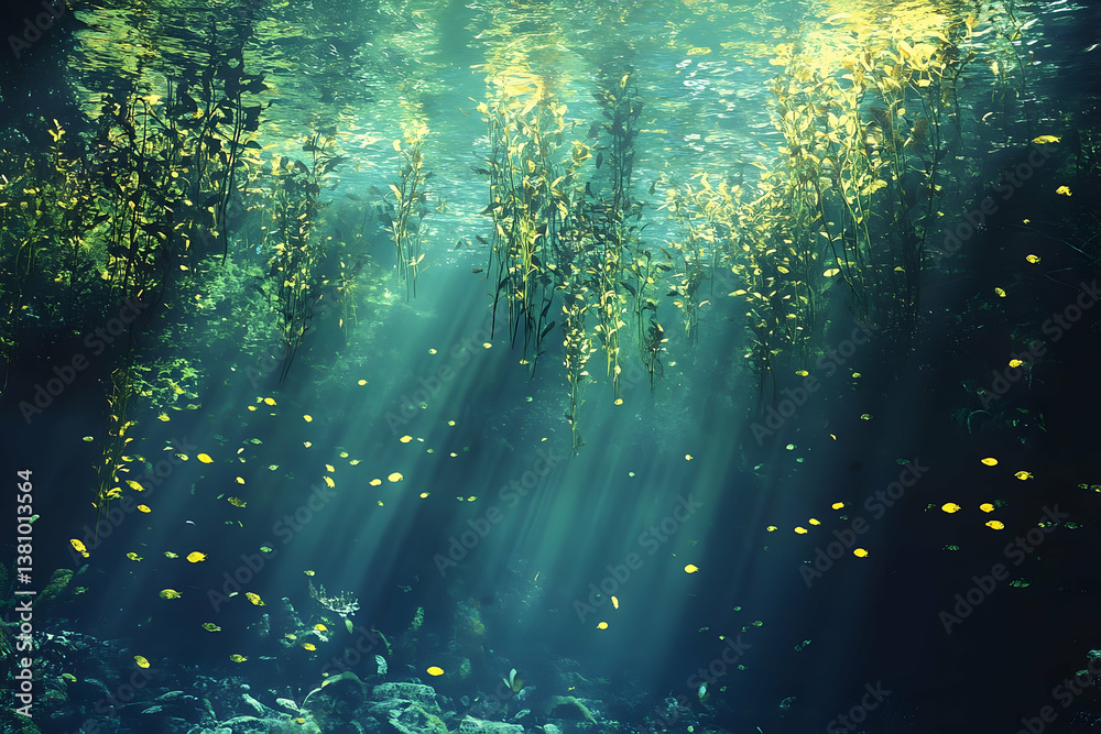 Fototapeta premium Sunlight beams illuminate underwater plants and fish in a clear aquatic scene