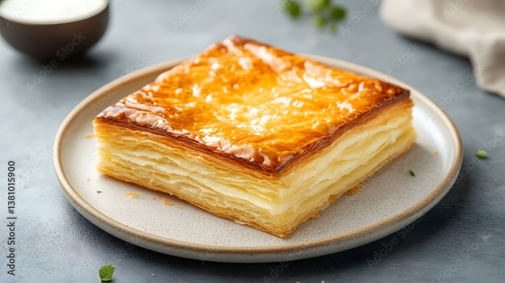 Durian Puff Pastry on Ceramic Plate with Flaky Golden Crust and Gourmet Presentation Durian Puff Pastry on Ceramic Plate with Flaky Golden Crust and Gourmet Presentation