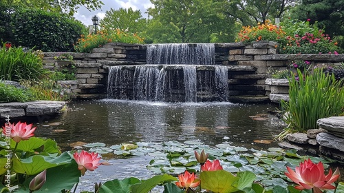 A beautiful garden with a large waterfall and pink flowers