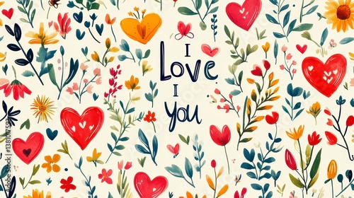 Wallpaper Mural Floral art Hearts and love message amidst colorful plants and flowers design Torontodigital.ca