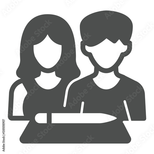 Married couple and contract paper solid icon, family lawyer concept. Vector graphics. Document with pen and young people sign on white background, glyph style icon for mobile or web design.