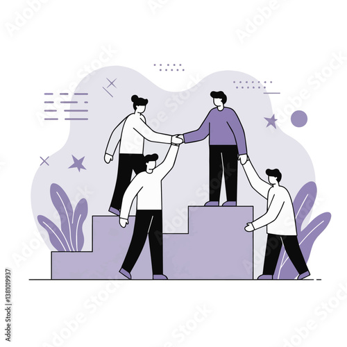 Employees giving hands and helping colleagues to walk upstairs