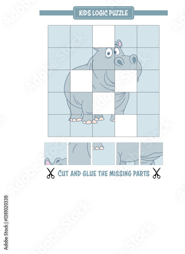 Hippo puzzle game for kids: Fill in the missing pieces of the animal to complete the picture.