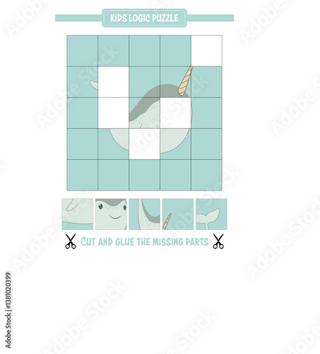 Narwhal puzzle for kids: Cut and glue the missing parts of the animal on grid. Fun learning activity.