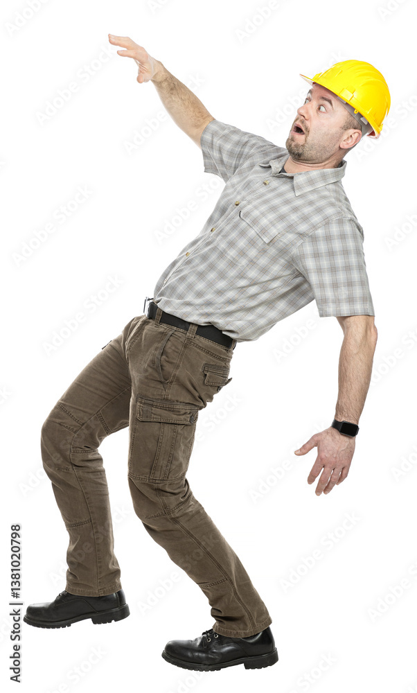Construction worker with yellow helmet losing balance on transparent background Construction worker with yellow helmet losing balance on transparent background