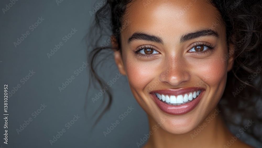 Woman Smiling with Perfect White Teeth Against Gray Background for Dental Health