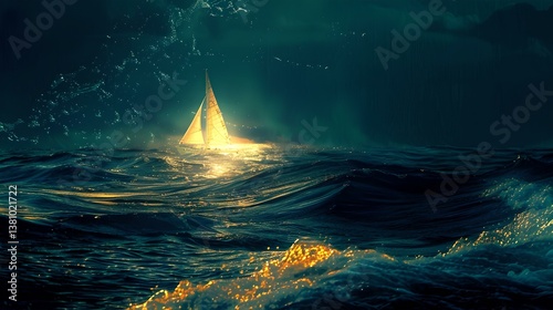 A serene nighttime scene featuring a glowing sailboat navigating through dark, rolling ocean waves. The soft light illuminates the water. Perfect for themes of adventure and tranquility. AI