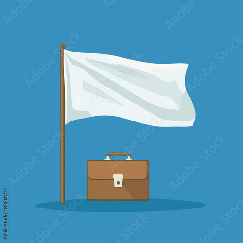 White Flag and Brown Briefcase on Blue Background