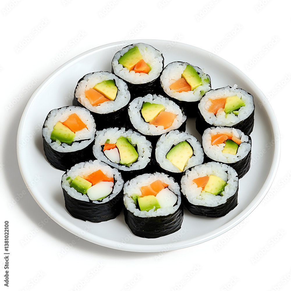 Delicious Sushi Rolls with Salmon and Avocado on a White Plate, Healthy Japanese Cuisine, Top View Delicious Sushi Rolls with Salmon and Avocado on a White Plate, Healthy Japanese Cuisine, Top View