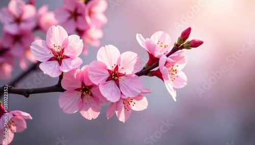 Delicate pink sakura blossoms, soft petals, gentle branch pattern, season, delicate, airy
