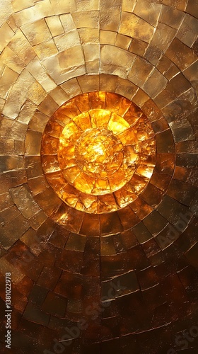 Close-Up of Circular Mosaic Ceiling with Warm Golden Hues and Radiating Patterns