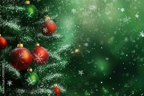 Festive christmas tree with red and green ornaments and snowflakes on a green background