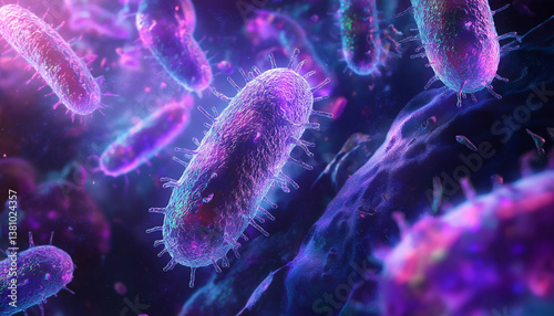 A close-up view of viruses at a cellular level. A macro shot of bacteria in purple colours and natural light.