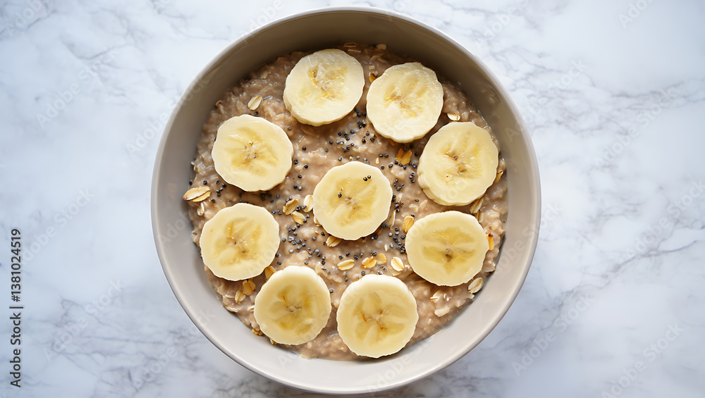 Overhead shot of a breakfast oatmeal bowl topped with banana slices and seeds. Overhead shot of a breakfast oatmeal bowl topped with banana slices and seeds.