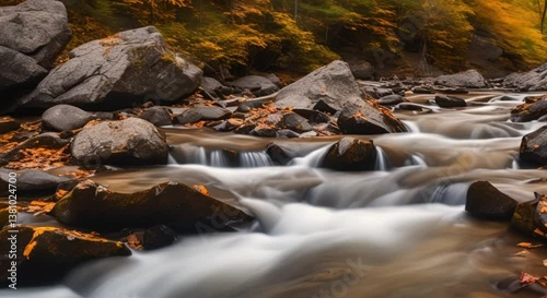 A stunning UHD cinematic shot of a river flowing through a deep, rocky gorge in autumn. Leaves in shades of red, orange, and gold drift on the water’s surface.
