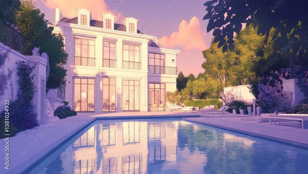 Fototapeta premium Luxurious Estate Pool House at Sunset