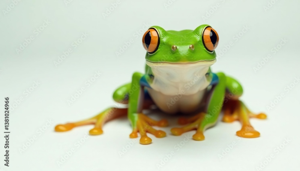 Obraz premium Green tree frog perched on white, vibrant skin, large eyes, clean background, high resolution