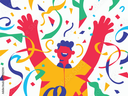 Cartoon joyful character with raised arms in confetti and streamer on white