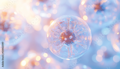 Virus in a surreal simulation encased in a transparent sphere under bright natural light