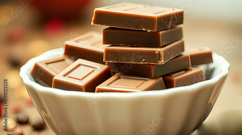 Milk Chocolate Pieces in White Bowl, Sweet Indulgence with Rich Texture, Perfect for Dessert or Snack in a Culinary Still Life.