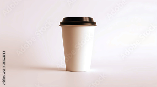 White Paper Cup with Black Lid, Minimalist Product Shot for Coffee or Beverage Packaging in a Clean, Isolated Studio Setting.