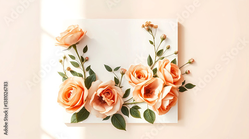 Fabric Roses on Canvas, Peach and Cream Flowers with Green Leaves, Elegant Floral Art for Decorative and Creative Projects.