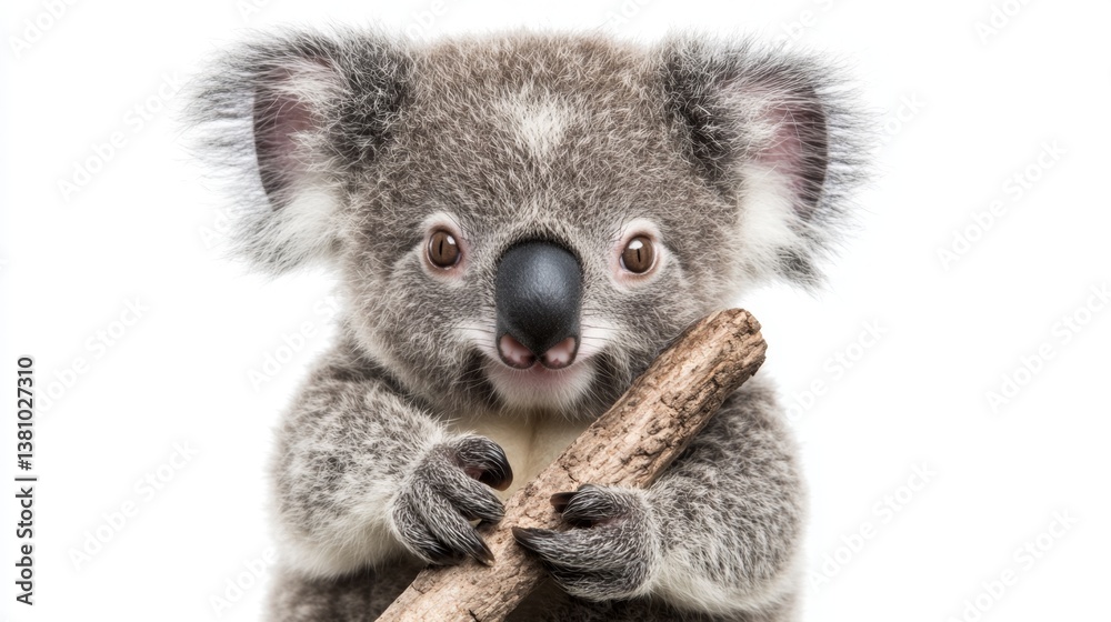 Naklejka premium Playful koala holding stick australia animal portrait studio setting close-up wildlife conservation