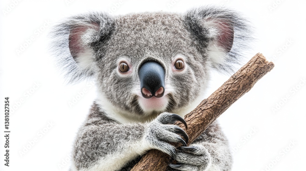Fototapeta premium Playful koala holding stick australian forest wildlife photography natural habitat close-up animal behavior