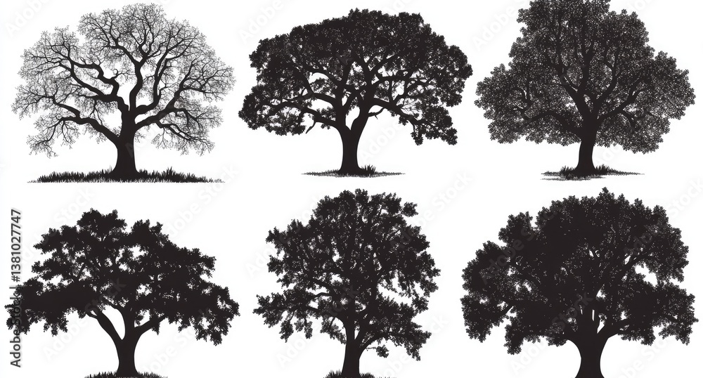 Obraz premium Stylized Oak Tree Silhouettes: Black And White Graphic Collection